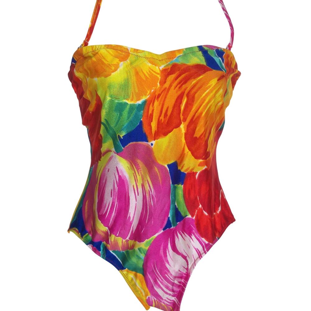 Vtg 80s Gottex One Piece Swimsuit Floral Psychedelic High Cut Maillot Size 14 - Picture 8 of 8